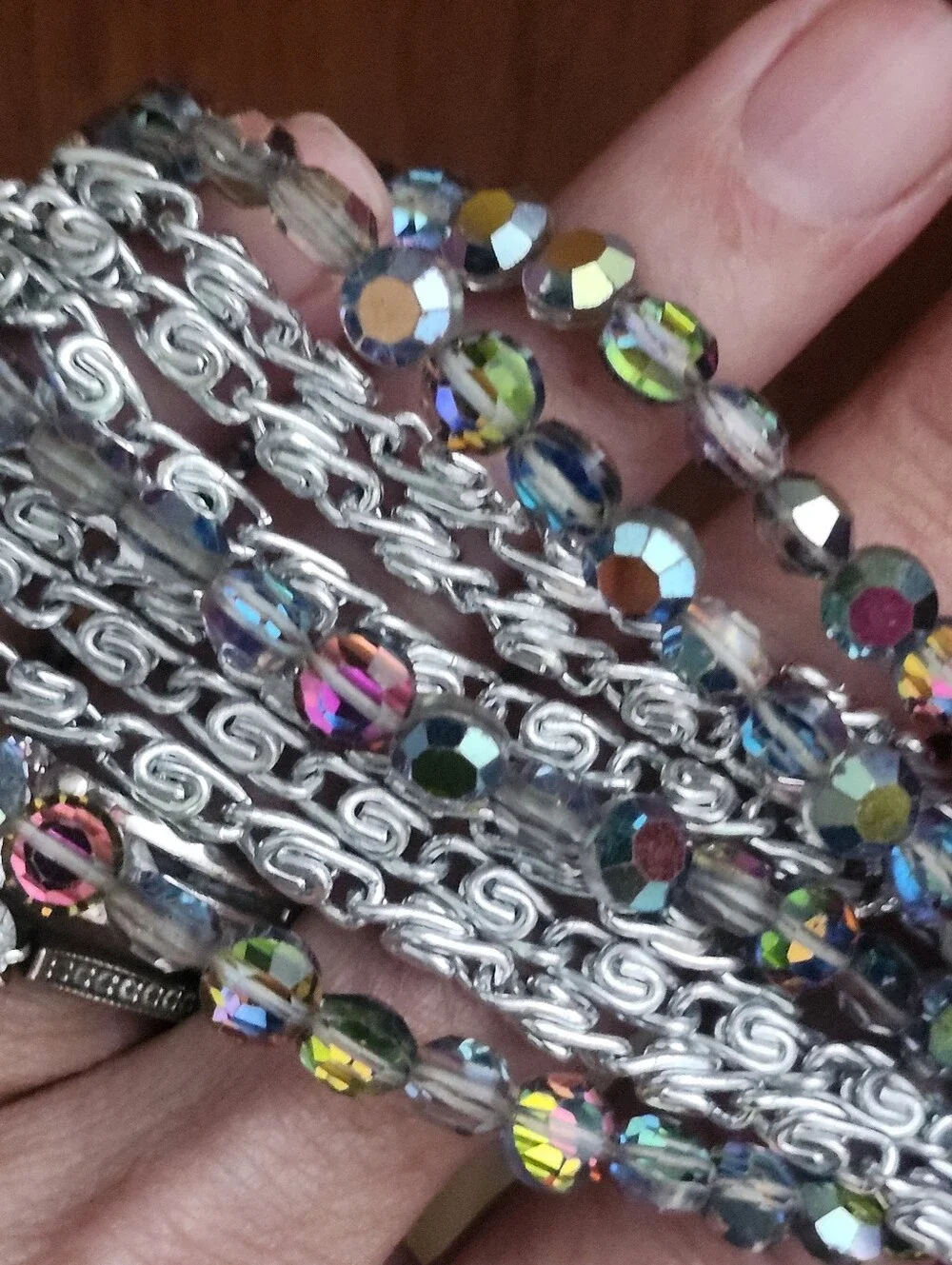 Stylish Multi-Row Iridescent Bead and Silver-Tone Bracelet